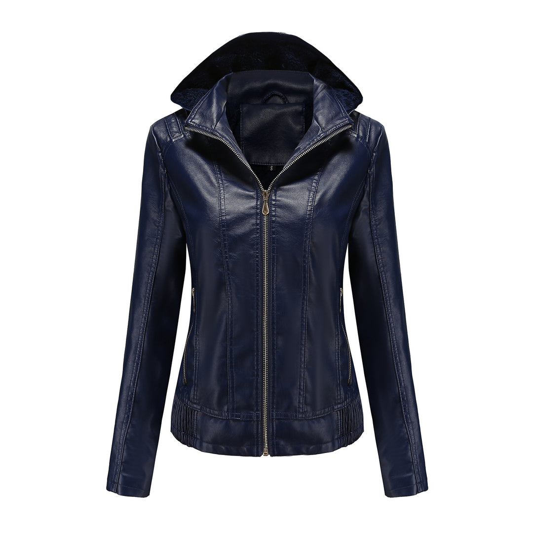 Women's tailored faux leather jacket with hood, padded inner lining and concealed zip pockets Mune Fashion