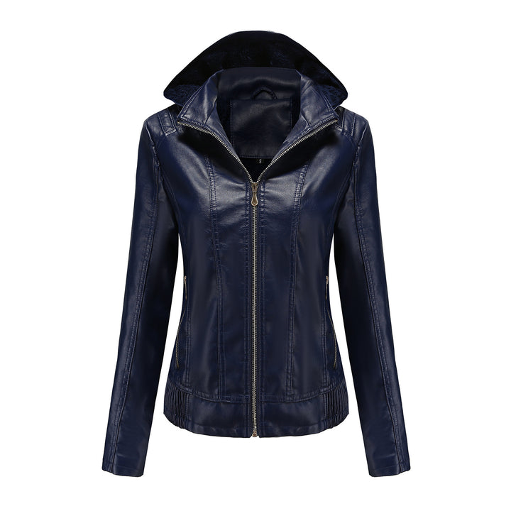 Women's tailored faux leather jacket with hood, padded inner lining and concealed zip pockets Mune Fashion