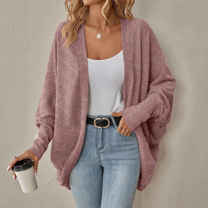 Ladies Open Fine Knit Cardigan with Structured Stripes and Extra Long Relaxed Silhouette Drune