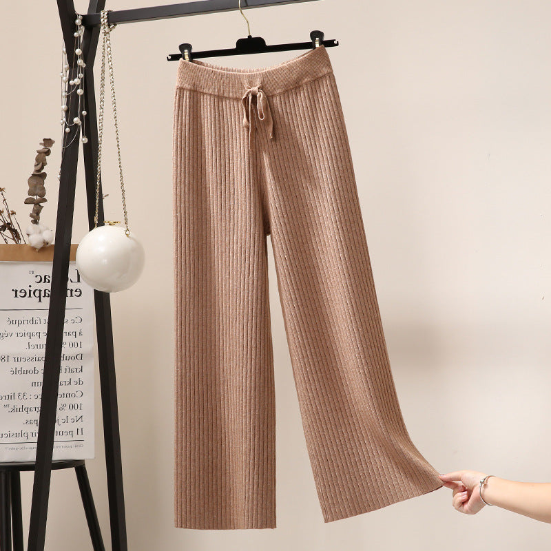Women's Comfortable Ribbed Knit Pants with Drawstring Mune Fashion