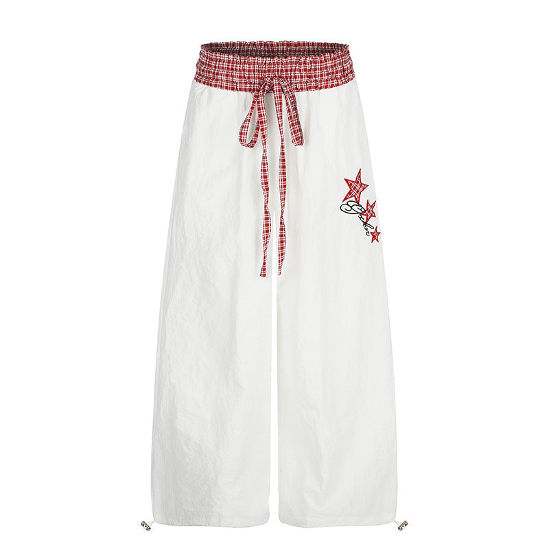 Women's Palazzo Lounge Pants with High Drawstring Waist, Checkered Comfort Waistband and Star Applique Mune Fashion