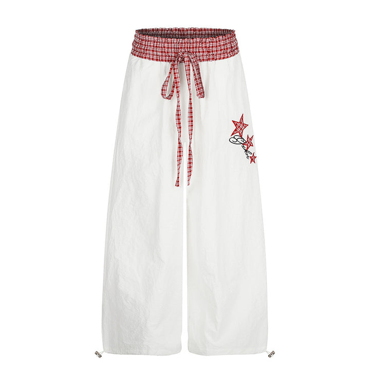 Women's Palazzo Lounge Pants with High Drawstring Waist, Checkered Comfort Waistband and Star Applique Mune Fashion