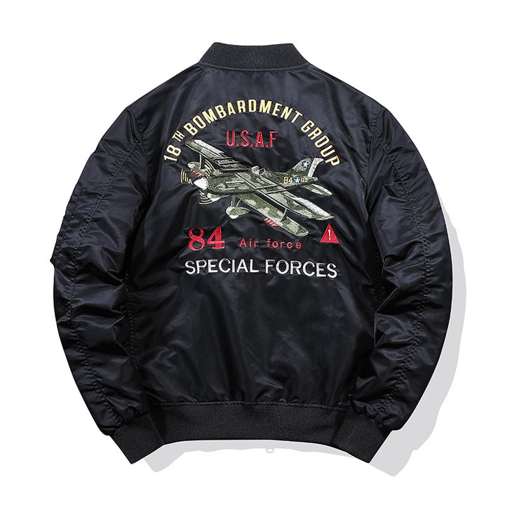 Men's bomber jacket with decorative patch applications, MA-1 inspired utility design Mune Fashion