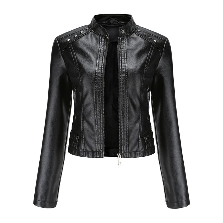 Women's short fitted faux leather jacket with studded detailing and stand-up collar Mune Fashion