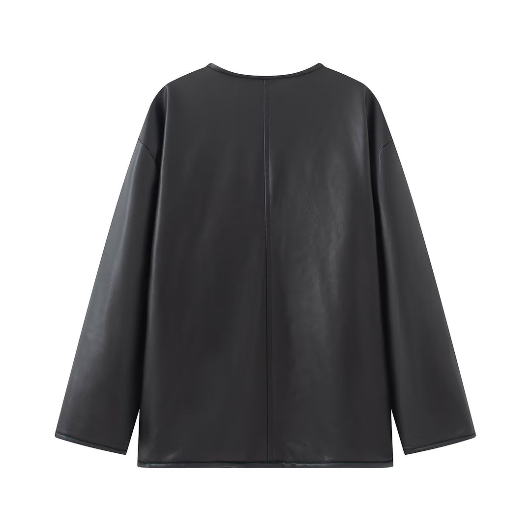 Women's Loose Faux Leather Coat with Ties, V-Neck and Patch Pockets Mune Fashion