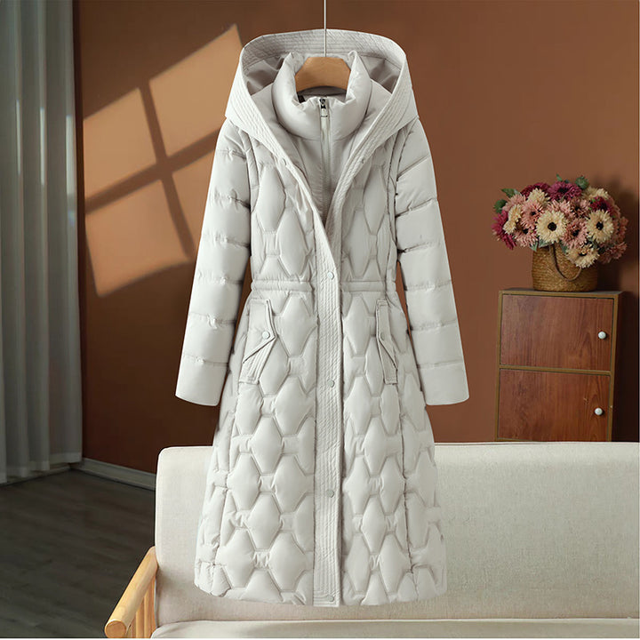 Women's longer quilted coat with honeycomb quilt, hood and tailored A-line Mune Fashion