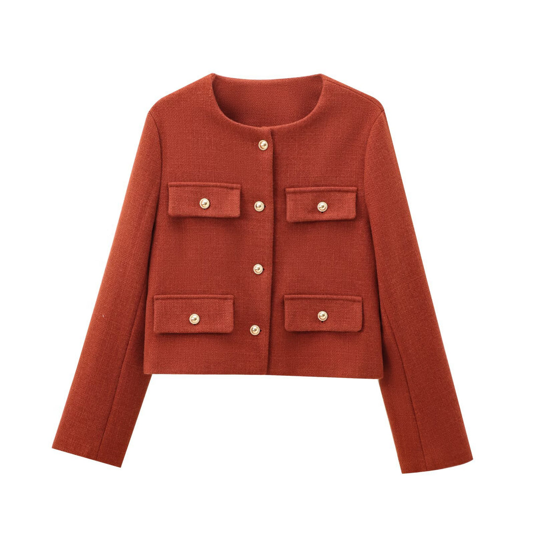Women's short-cut Bouclé tweed jacket with round neckline decorative button details and attached flap pockets Mune Fashion