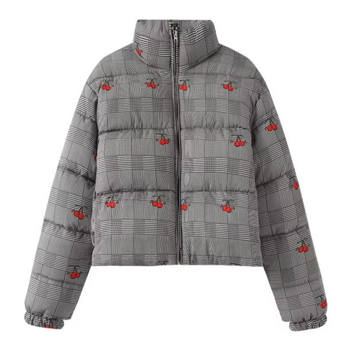 Women's short-cut quilted down-look jacket with stand-up collar and cherry embroidery Mune Fashion