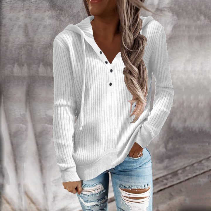 Women's Casual Ribbed Hoodie Sweater with Henley Button Placket and Drawstring Hood