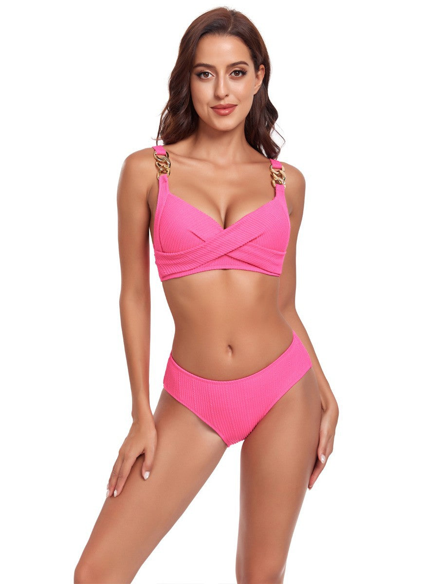 Women's Bikini Set with Crossed Top and Decorative Buckles Mune Fashion