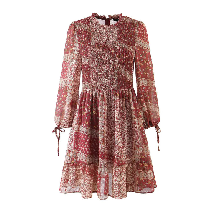 Women's floral Boho midi dress with tiered skirt and ruffled collar Mune Fashion