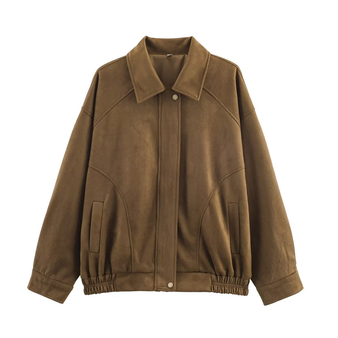 Women's oversized velvet bomber jacket with shirt collar, concealed snap button placket and elastic hem Mune Fashion