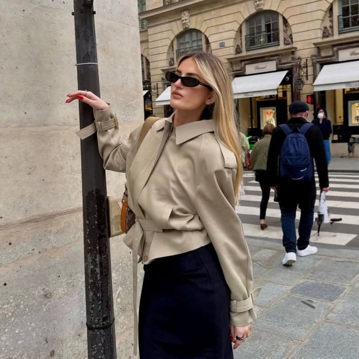 Women Tailored Short Trench Coat with Tie Belt, Raglan Sleeves and Concealed Button Placket Mune Fashion