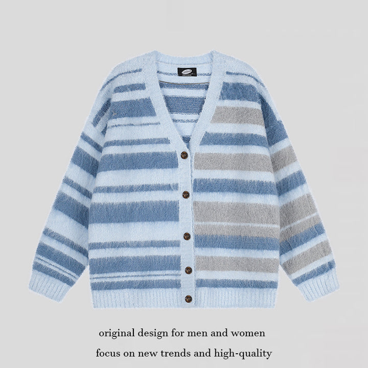 Women's oversized cardigan with V-neck, cozy mohair look and striped pattern Mune Fashion
