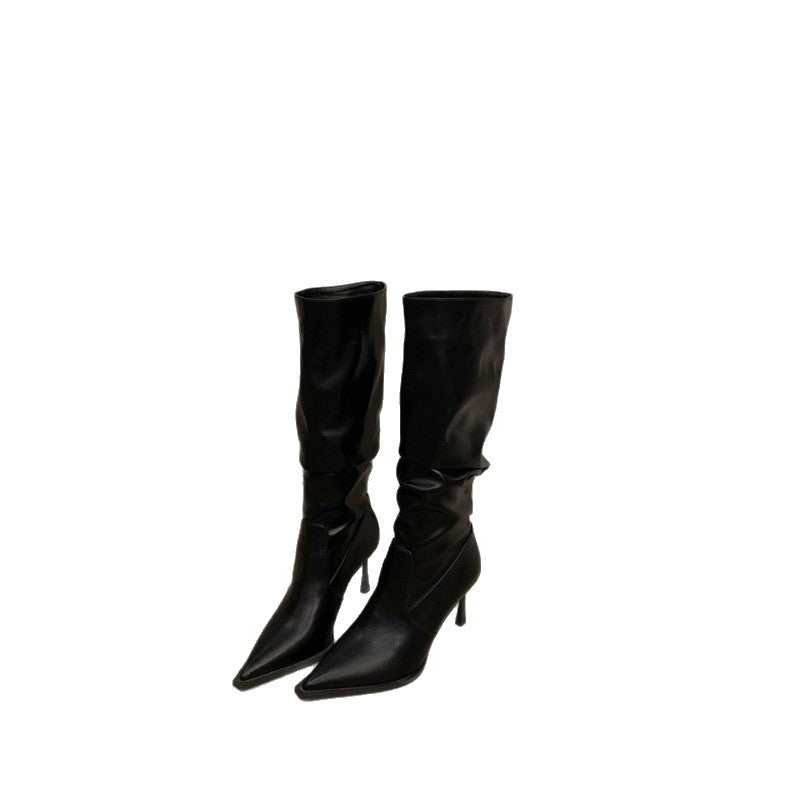 Women Slouchy knee-high boots with pointed toe shape and sculptural stiletto heel Mune Fashion