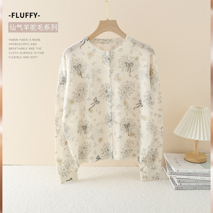 Ladies Fine Button Cardigan with delicate Flower Sketch Print and Round Neckline Mune Fashion
