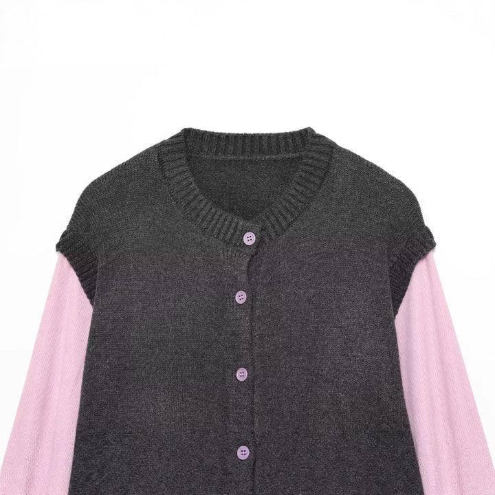 Ladies Layered Look Knit Cardigan with Striped Vest Insert and Volume Sleeves Mune Fashion