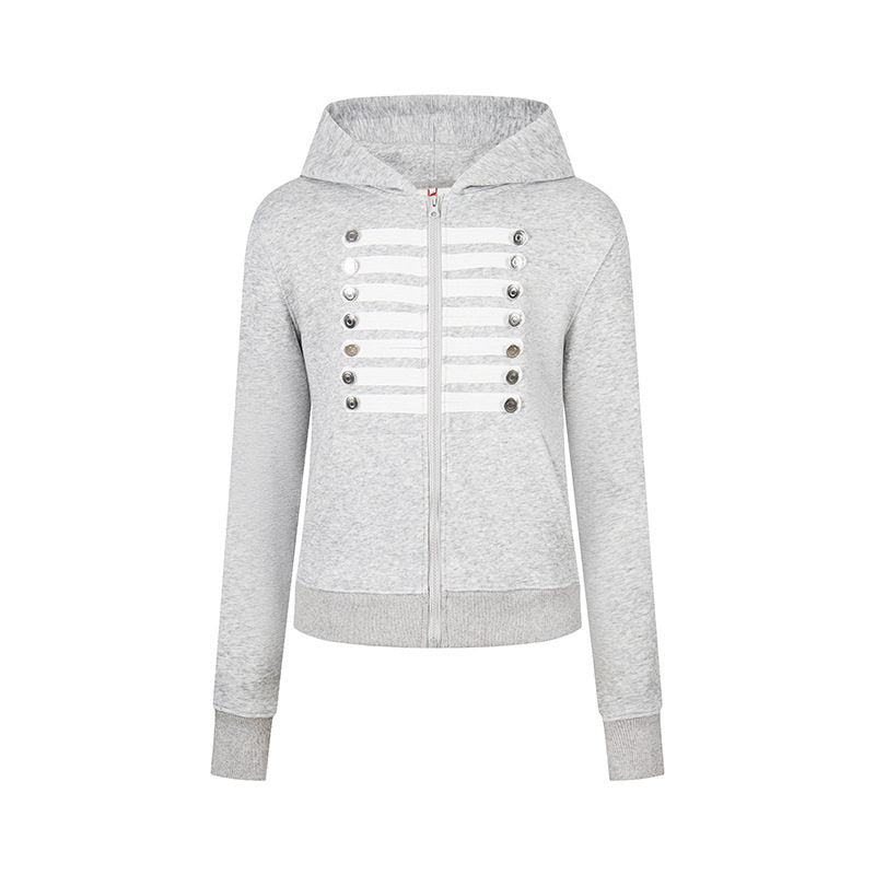 Women's hooded sweatshirt jacket with decorative military braid trim and decorative buttons Mune Fashion