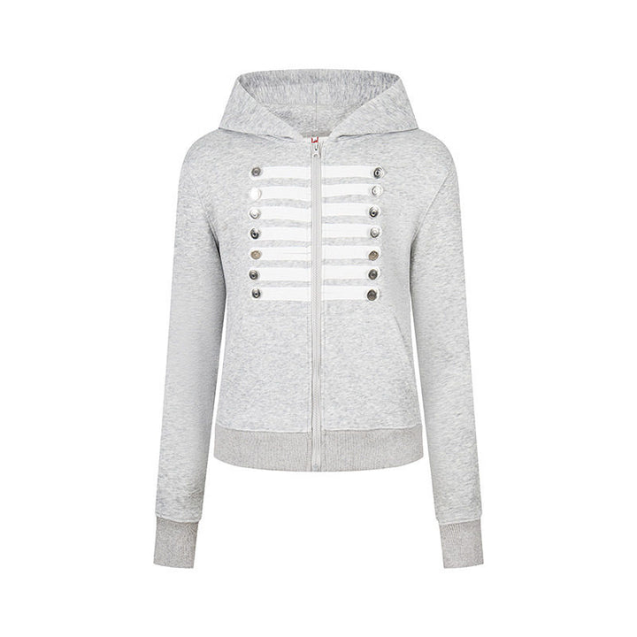 Women's hooded sweatshirt jacket with decorative military braid trim and decorative buttons Mune Fashion