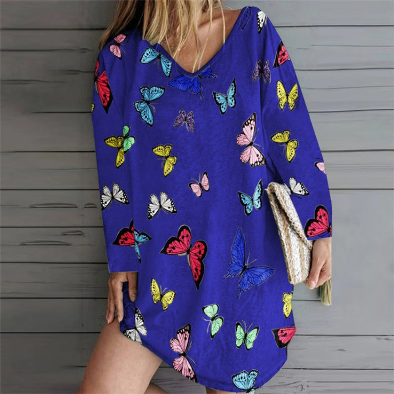 Women Oversize Tunic Dress with V-Neck and Butterfly Print Mune Fashion