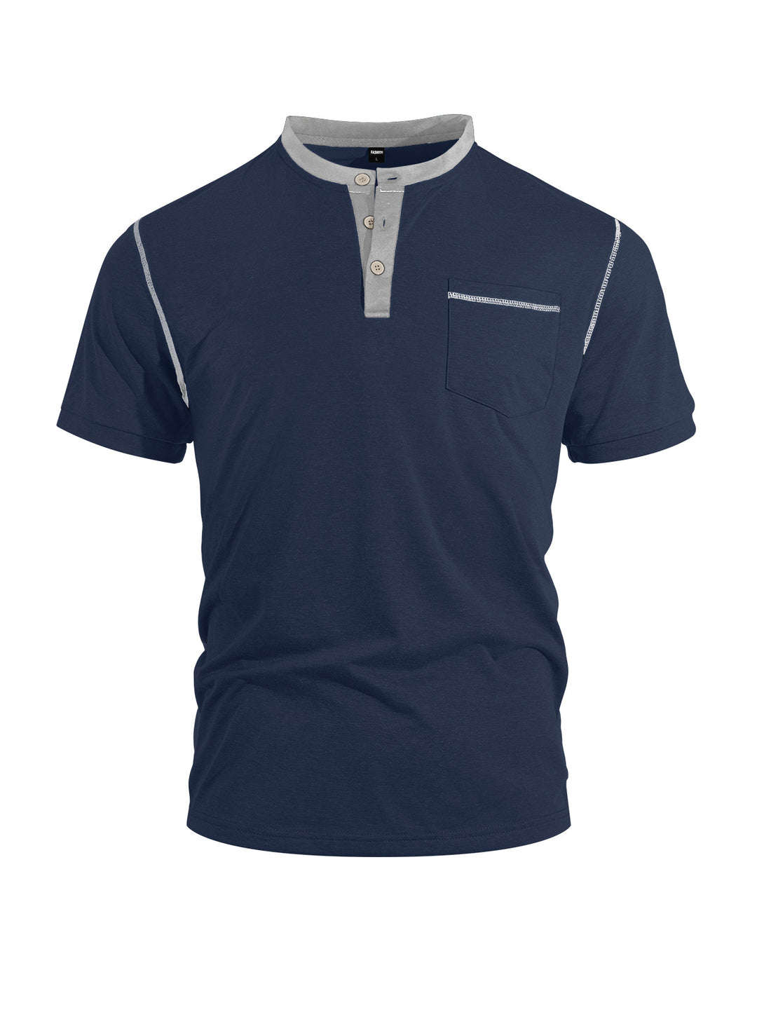 Men's short-sleeve band collar shirt with button placket, chest pocket, and flatlock seams Mune Fashion
