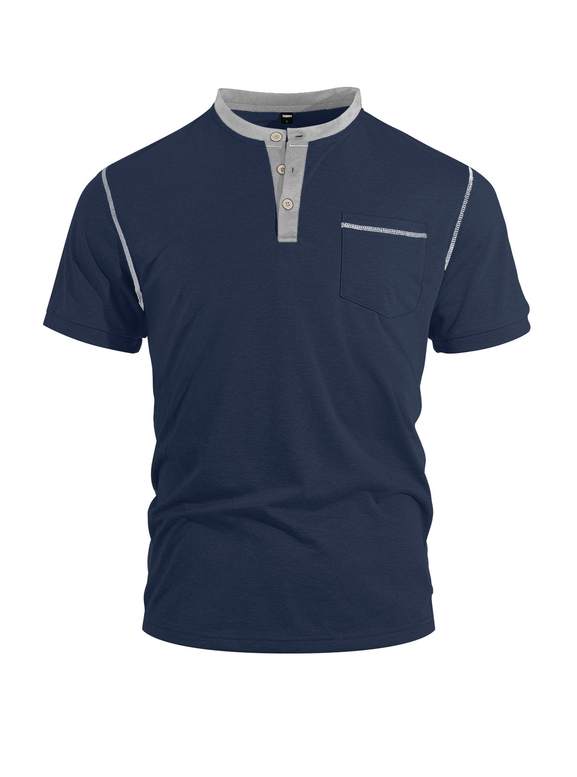 Men's short-sleeve band collar shirt with button placket, chest pocket, and flatlock seams Mune Fashion