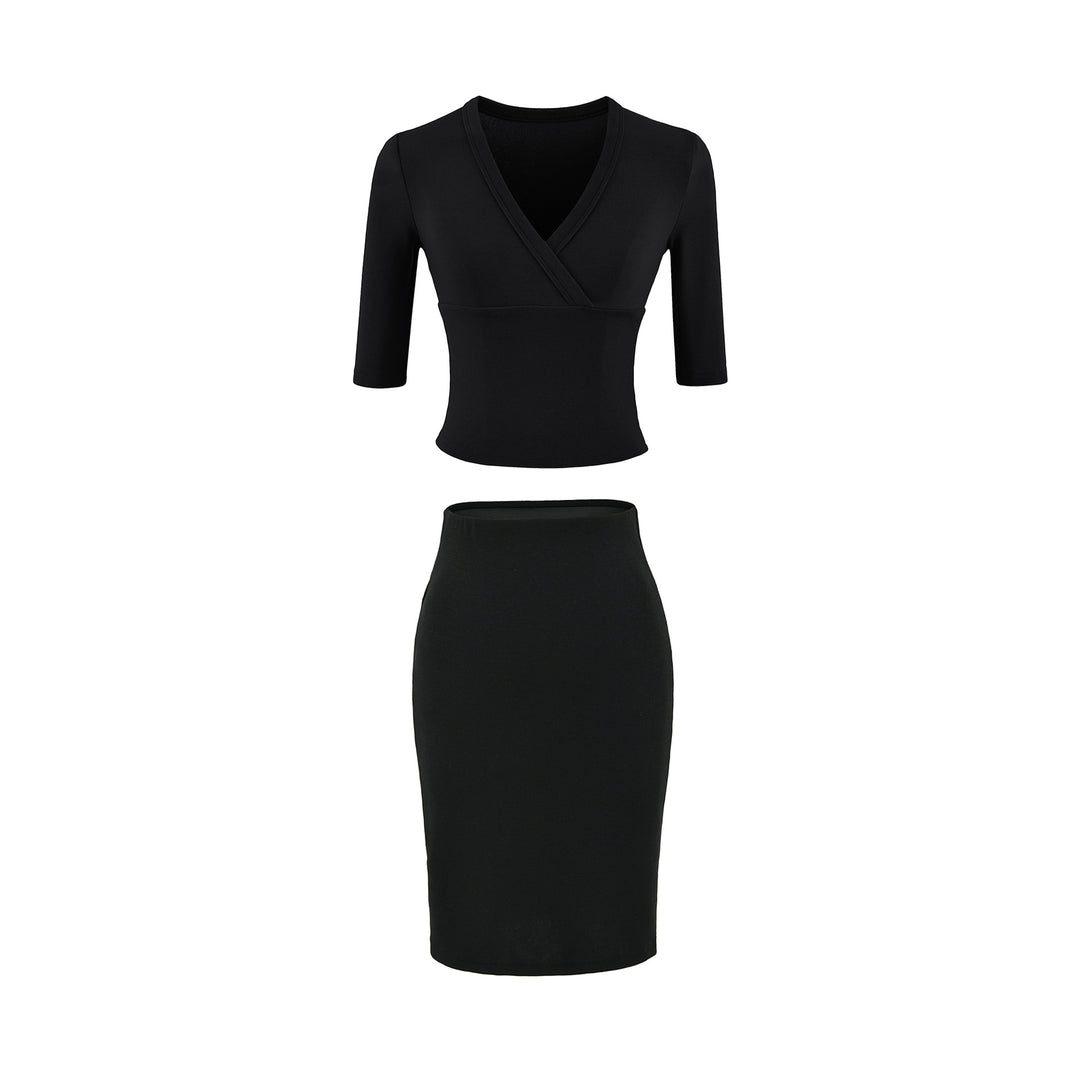 Women's two-piece figure-hugging wrap top with three-quarter sleeves and high-waisted pencil skirt Mune Fashion