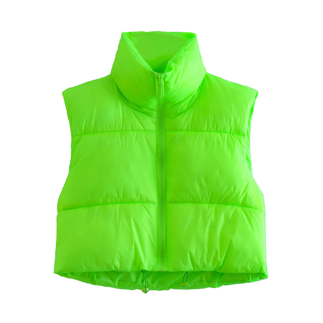 Women short quilted vest with high stand-up collar, lightweight puffer look and adjustable hem Mune Fashion