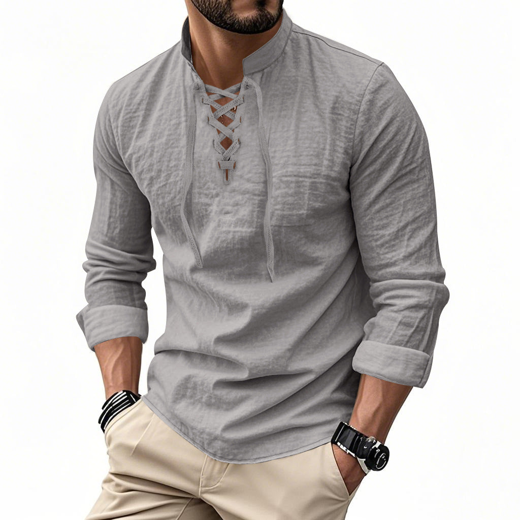 Men's casual sailor-style shirt with stand collar and lace-up front Mune Fashion