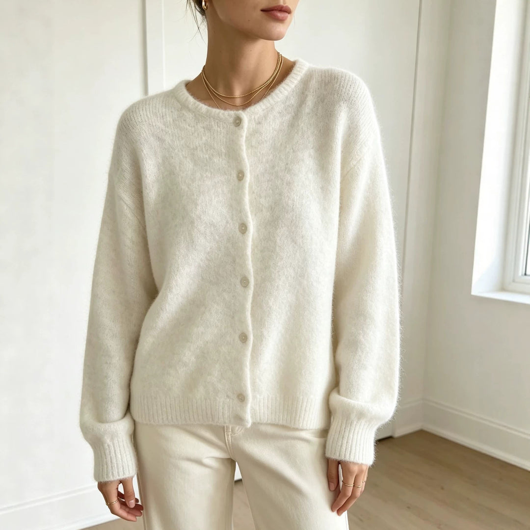Ladies round neck cardigan with soft flormix, button closure and ribbed cuffs Mune Fashion