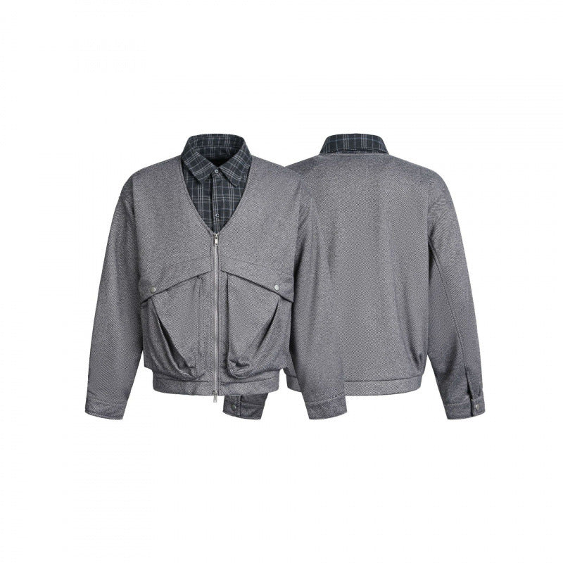 Men's short-cut utility bomber jacket with V-neck, patch pockets, and front zipper Mune Fashion
