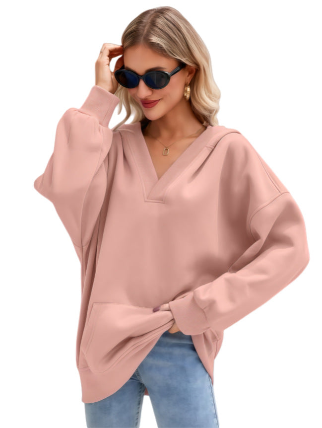 Women's Oversized V-Neck Hoodie with Hood, Kangaroo Pocket and Extended Hem Mune Fashion