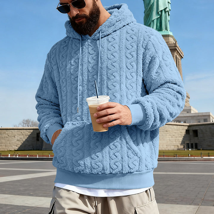 Men's Cozy Sherpa Hoodie with Cable Knit Pattern, Kangaroo Pocket and Ribbed Cuffs Mune Fashion