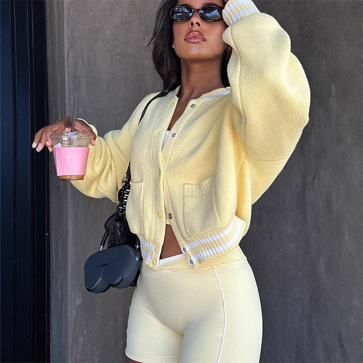 Women Cropped College Cardigan made of fine knit with balloon sleeves Mune Fashion