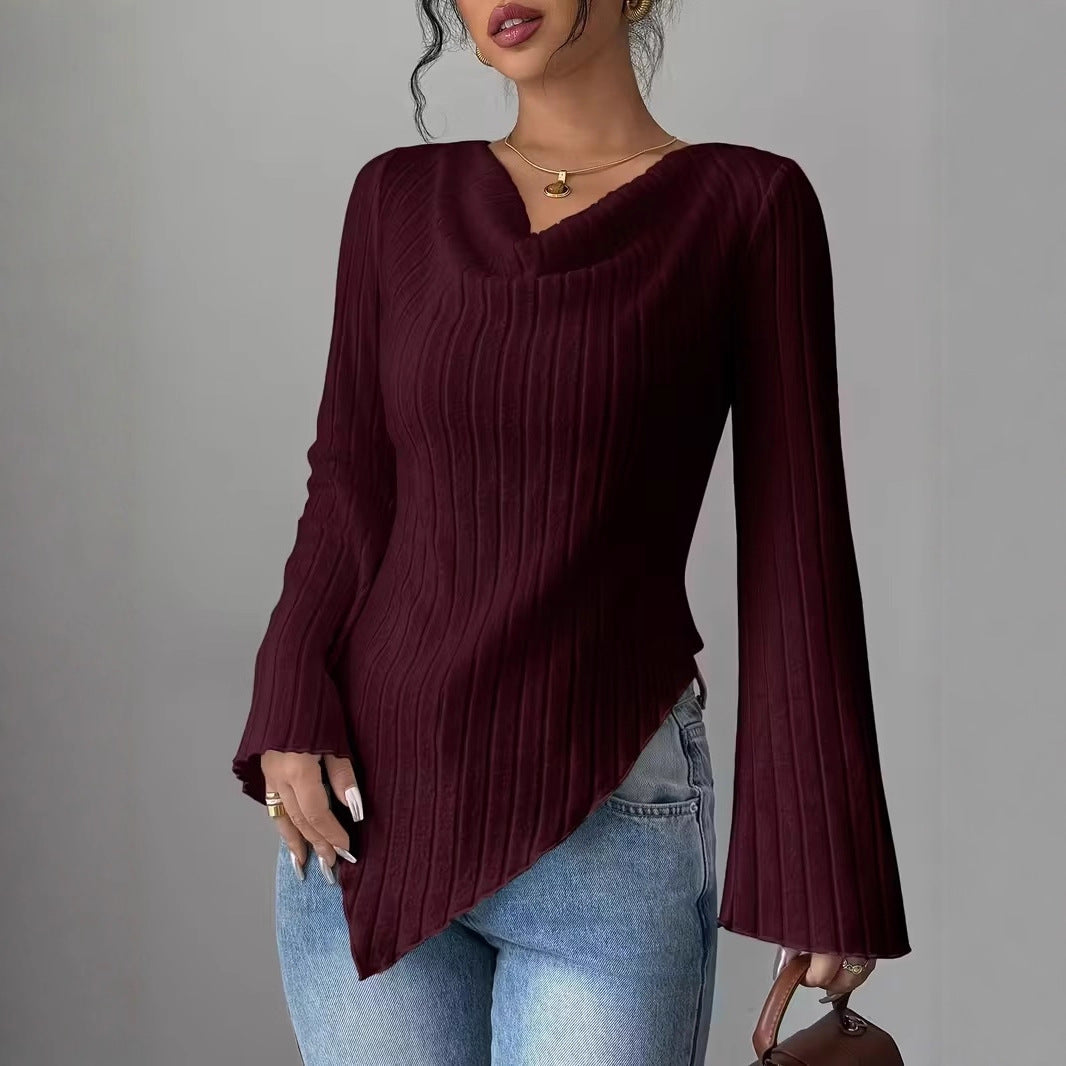 Women Asymmetrical Ribbed Fine Knit Sweater with V-Neck Mune Fashion