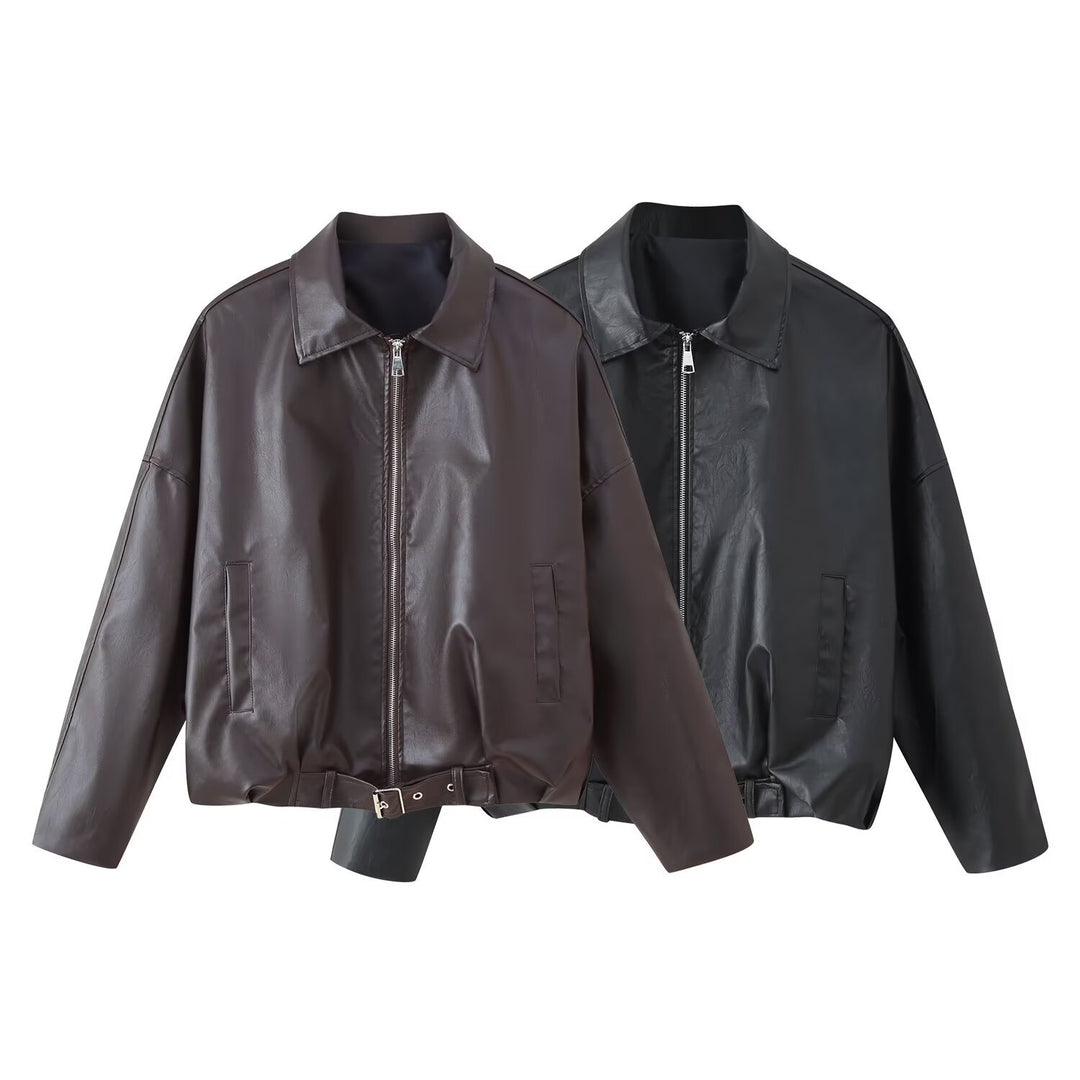 Women's Oversized Faux Leather Bomber Jacket with Belt and Shirt Collar Mune Fashion