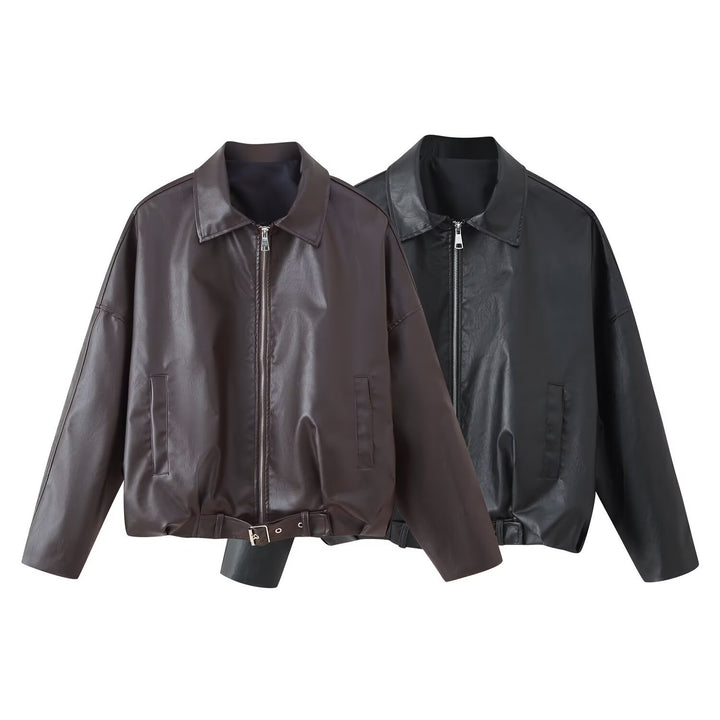 Women's Oversized Faux Leather Bomber Jacket with Belt and Shirt Collar Mune Fashion