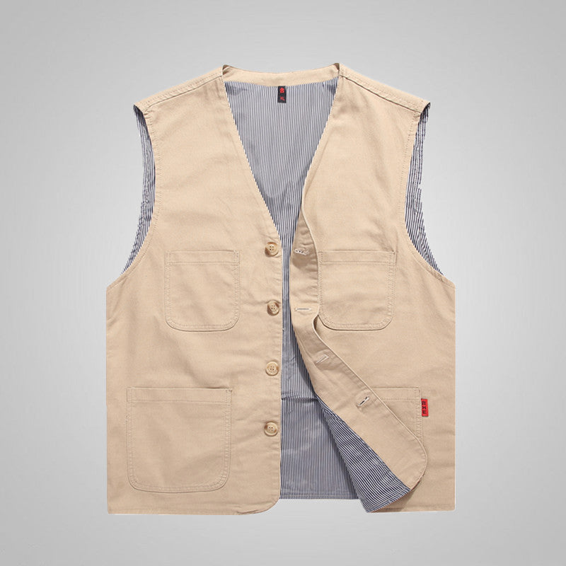 Men's Sleeveless Utility Canvas Vest with V-Neck, Button Placket, and Patch Pockets Mune Fashion