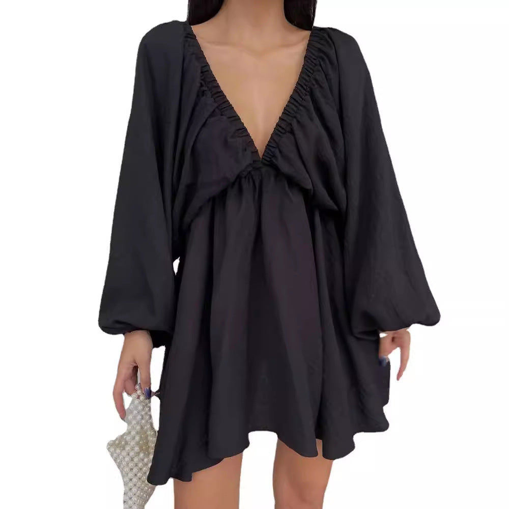 Women Loose Mini Dress with Deep V-Neck and Balloon Sleeves Mune Fashion