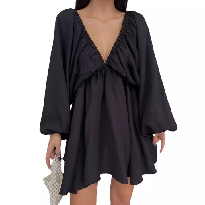 Women Loose Mini Dress with Deep V-Neck and Balloon Sleeves Mune Fashion