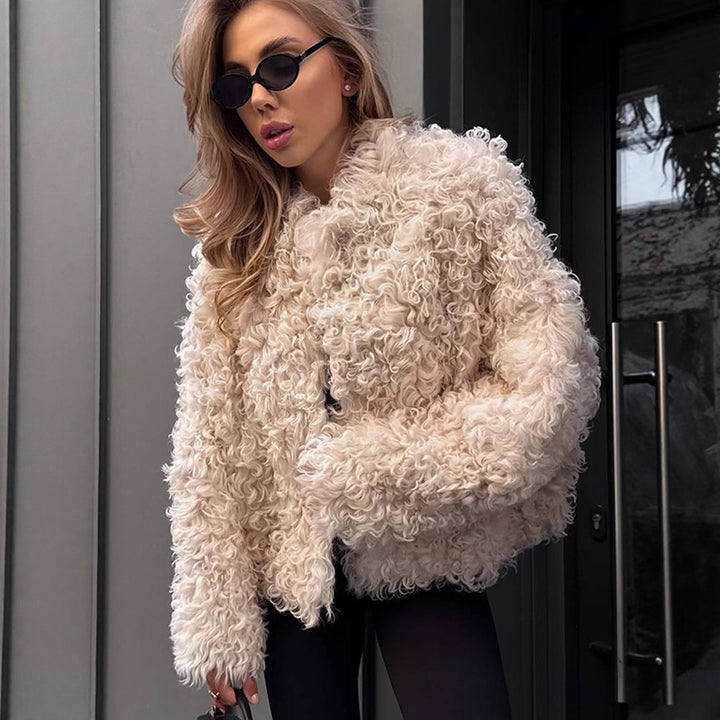 Women's Boxy Short Coat in Curl Teddy Look with Boxy Silhouette Mune Fashion