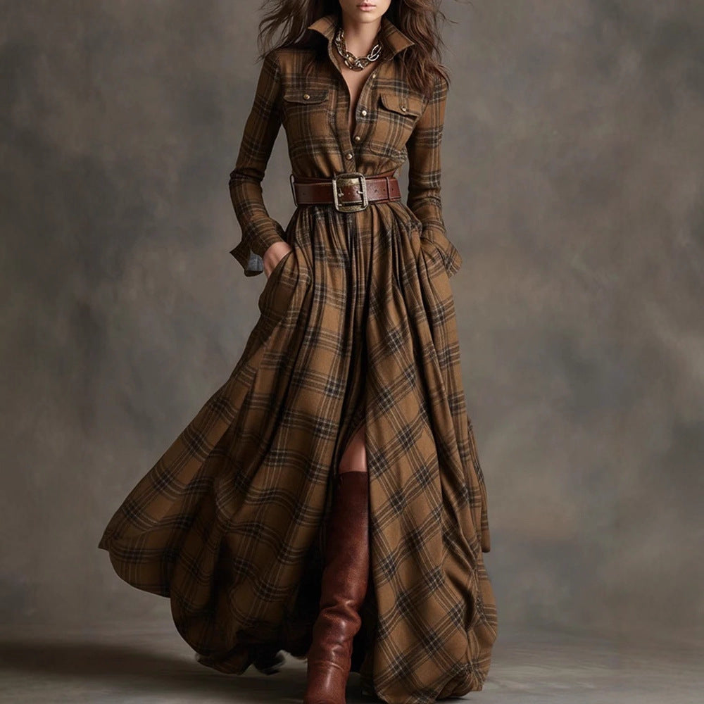 Women checked maxi dress shirt dress with flared skirt and wide waistband Mune Fashion