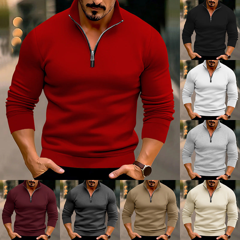 Men's fitted fine knit pullover with short zipper and stand-up collar Mune Fashion