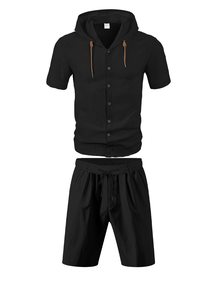 Men's lightweight summer hoodie in linen look with continuous button placket and drawstring Mune Fashion