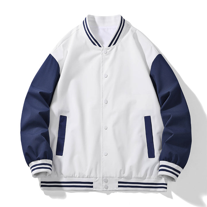 Unisex College varsity bomber jacket with contrast sleeves, striped ribbed cuffs and snap button closure Mune Fashion