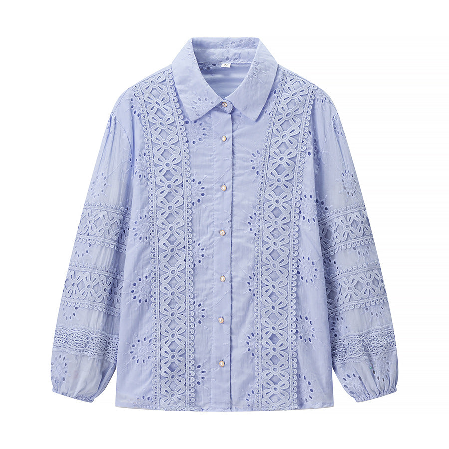 Women's Two-Piece Broderie-Anglaise Set with Shirt Blouse and Tiered Midi Skirt Mune Fashion
