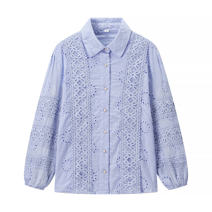 Women's Two-Piece Broderie-Anglaise Set with Shirt Blouse and Tiered Midi Skirt Mune Fashion