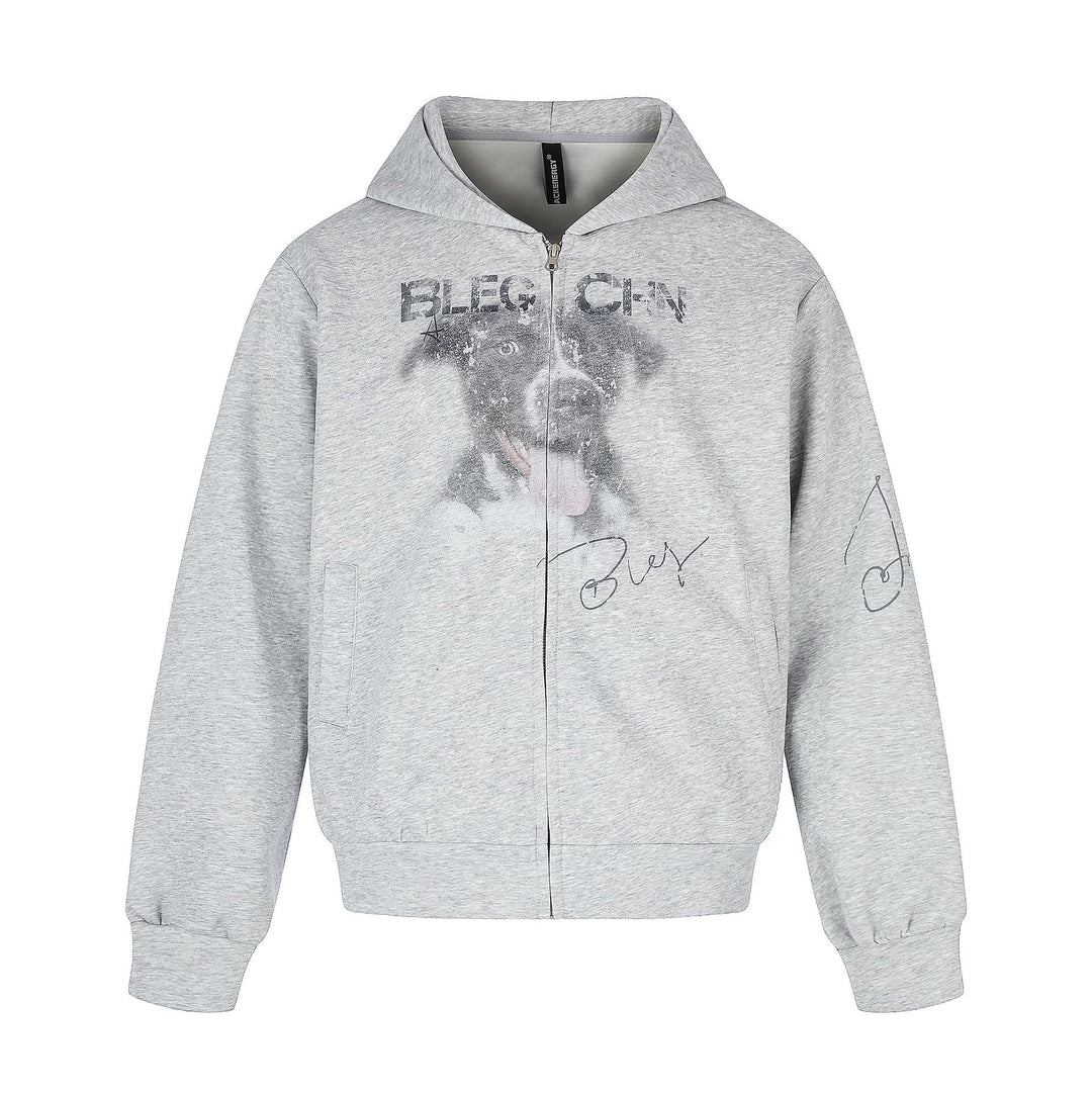 Unisex Short Cut Hooded Zip Jacket with Graphic Dog Print and Ribbed Hem Mune Fashion