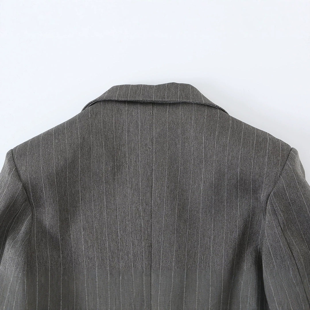 Women's Short Cut Pinstripe Blazer with Side Cut-Outs and Lacing Detail Mune Fashion