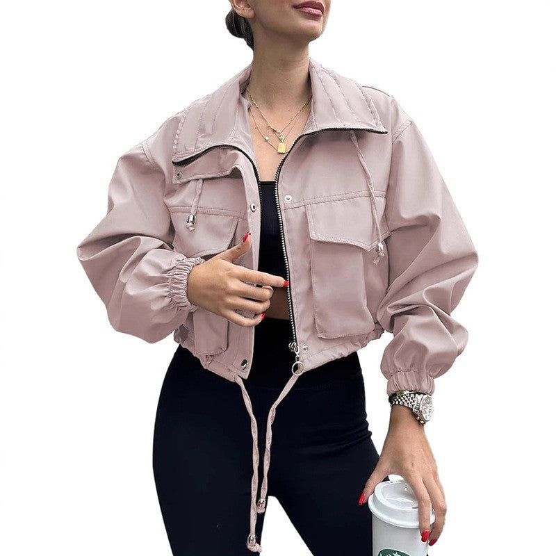 Women nan short utility jacket with drawstring waist, front pockets and zipper detail Mune Fashion